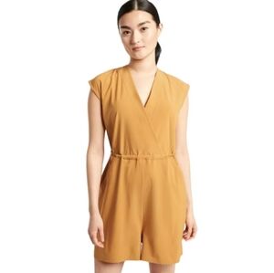 Athleta Women's Marlow Faux Wrap Romper Size L Tuscan Gold V-Neck Stretch Casual